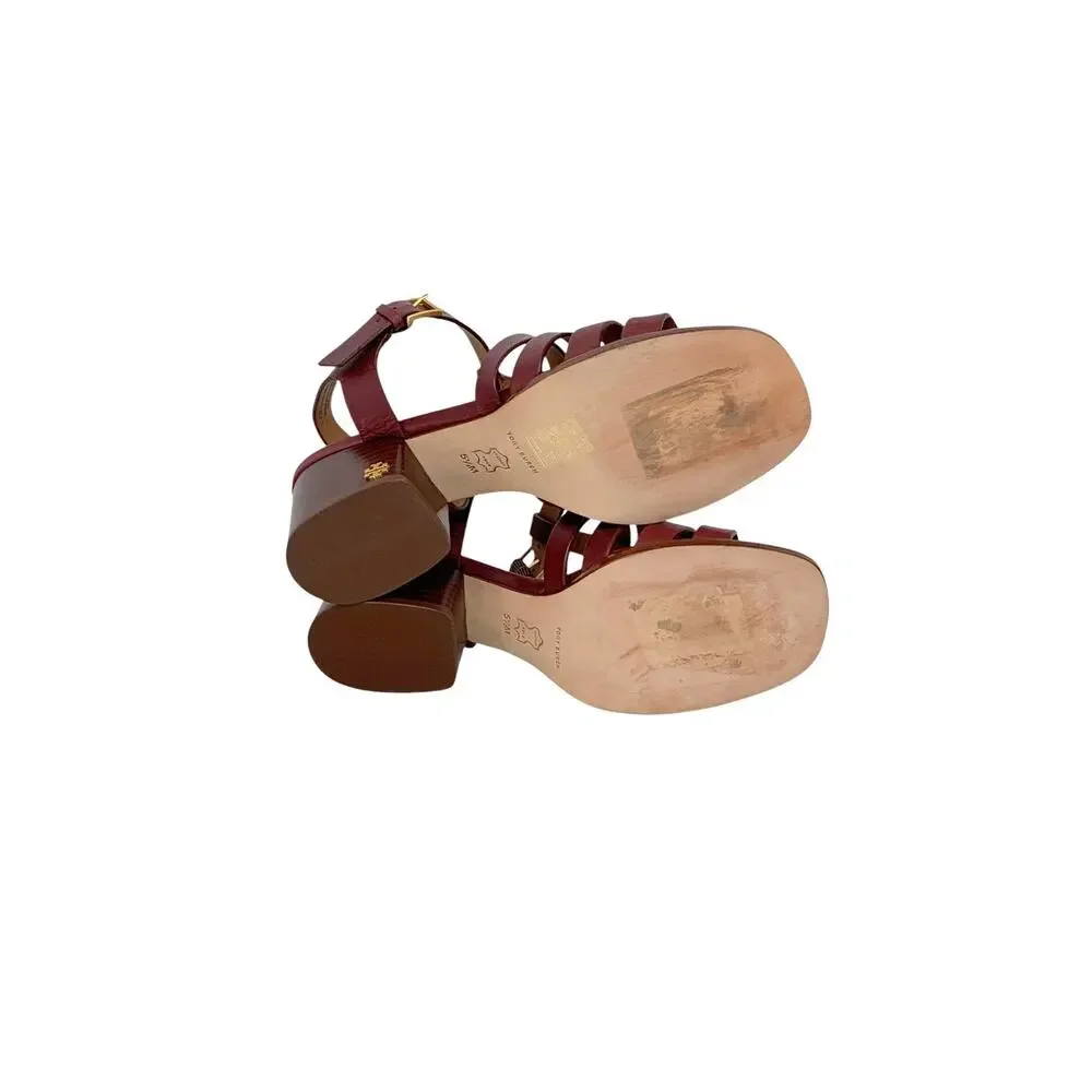 TORY BURCH Leather Fisherman Block Heel Sandals Claret Red Womens US 5.5